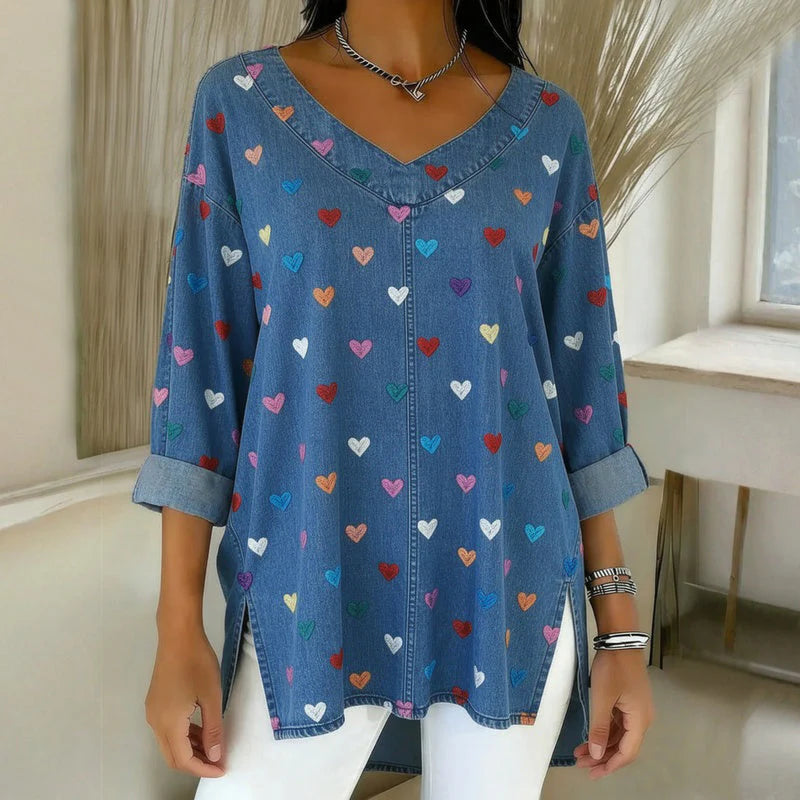Denim Heart Print Blouse