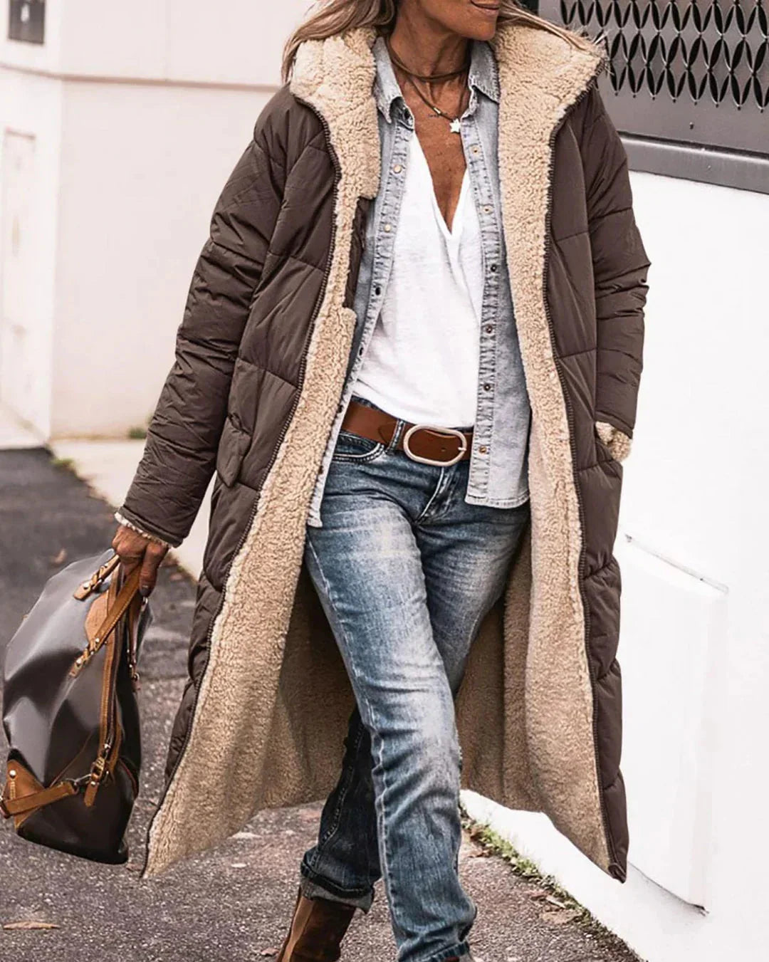 Sherpa-Lined Long Puffer Jacket