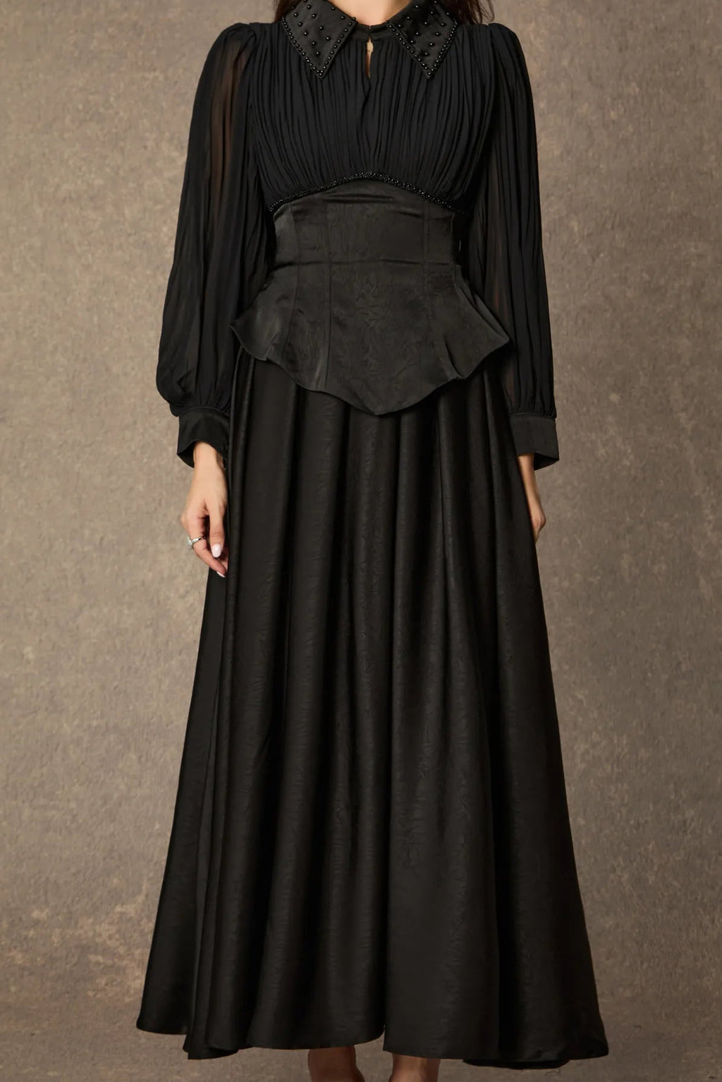 Black Beaded Collar Corset Maxi Dress