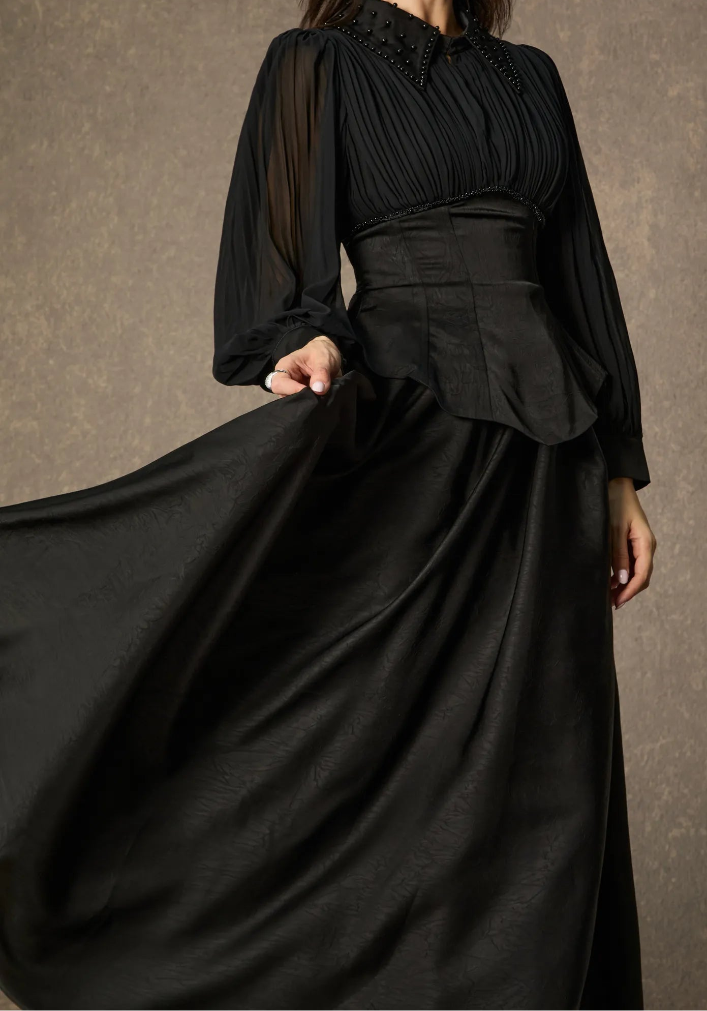 Black Beaded Collar Corset Maxi Dress