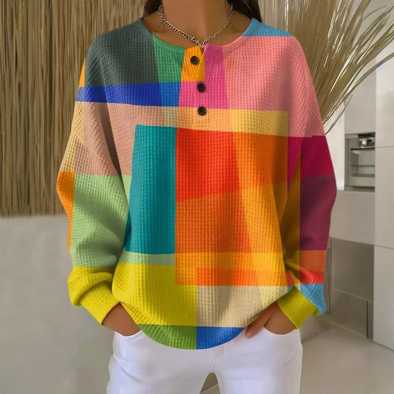 Colorful Waffle Knit Button-Front Sweater
