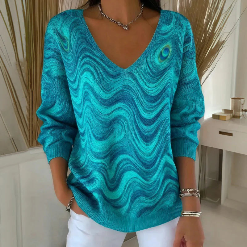 Casual Wave Print V-Neck Sweater
