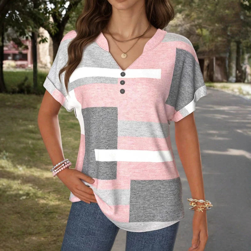 Casual Color Block V-Neck Blouse