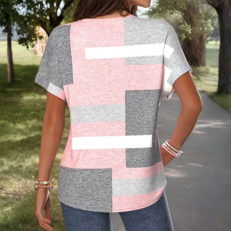 Casual Color Block V-Neck Blouse