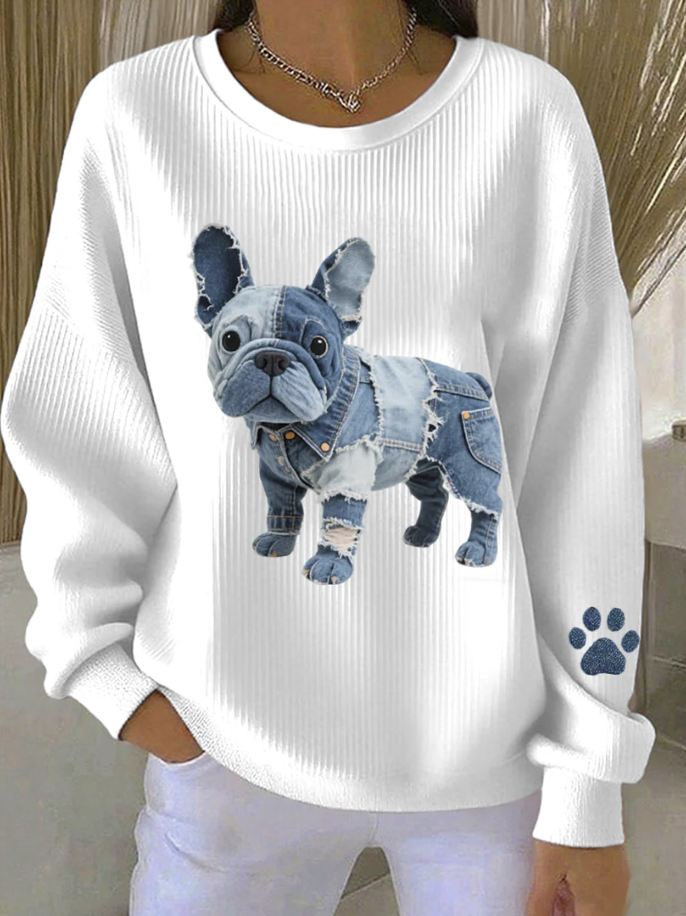 Denim Patchwork French Bulldog Sweater