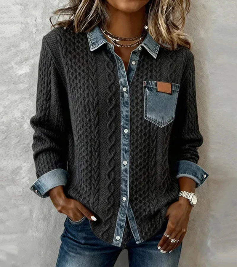 Knit Denim-Trim Button-Up Sweater