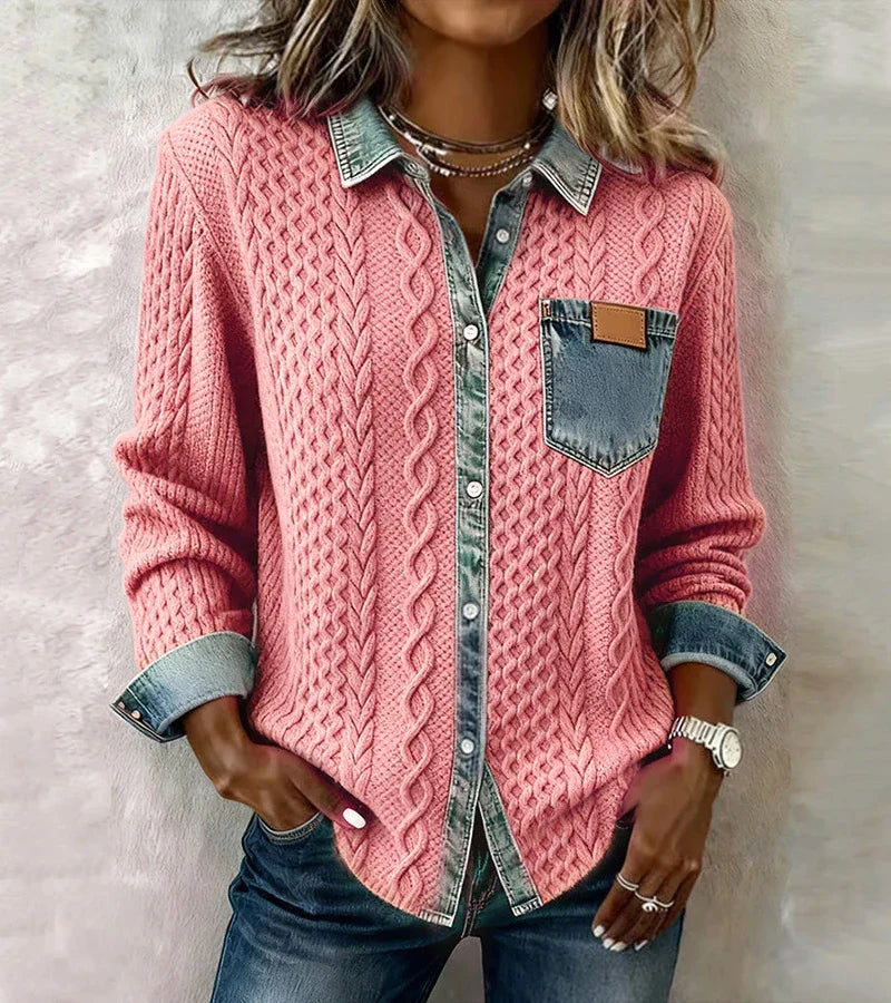 Knit Denim-Trim Button-Up Sweater