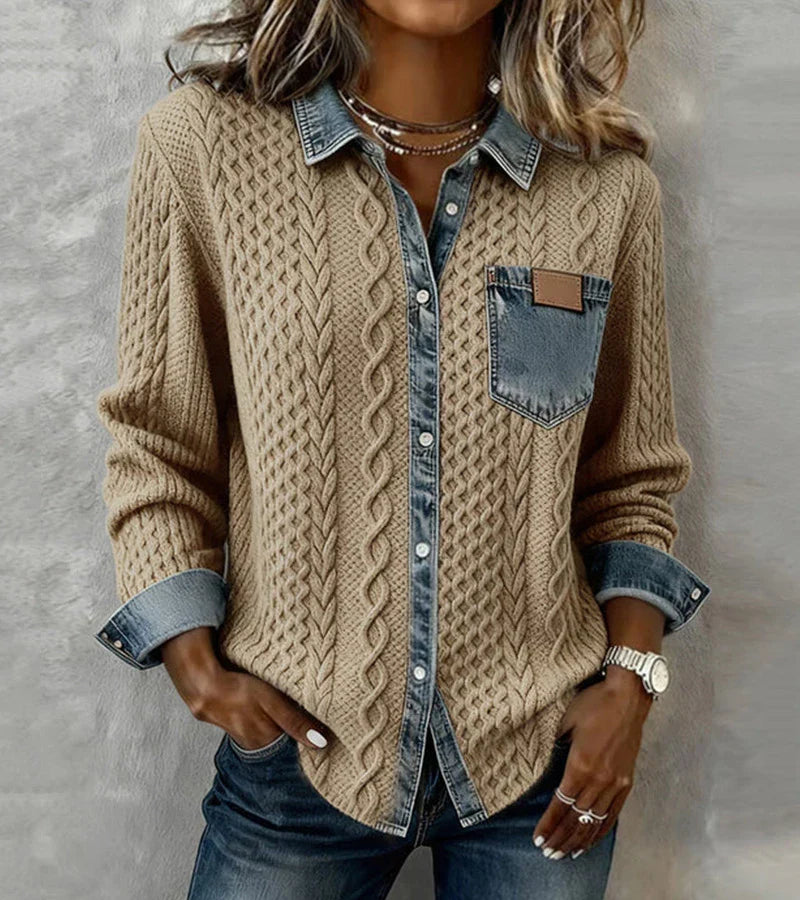 Knit Denim-Trim Button-Up Sweater