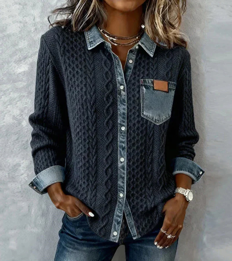 Knit Denim-Trim Button-Up Sweater