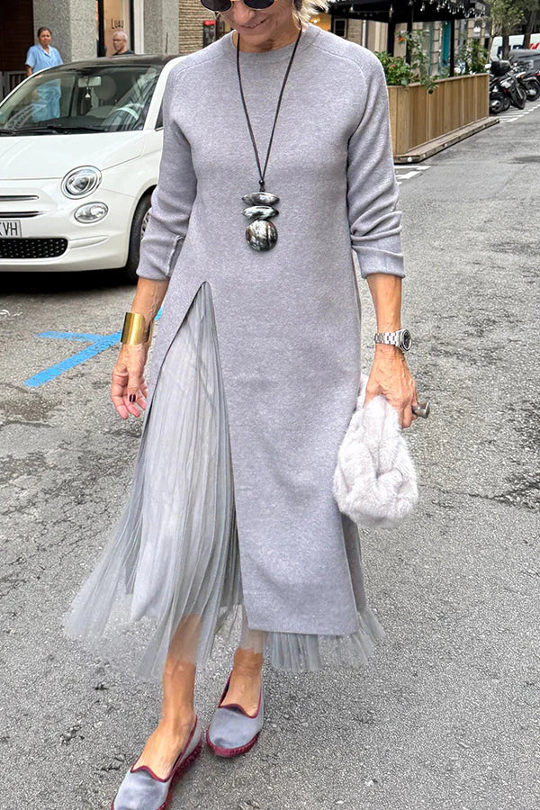 Elegant Knit Fine Tulle Panel Dress