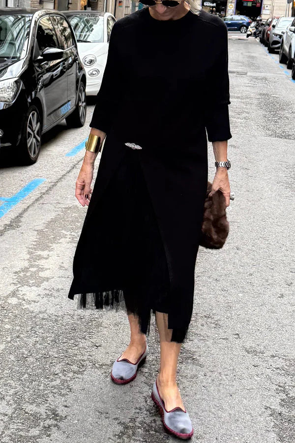 Elegant Knit Fine Tulle Panel Dress